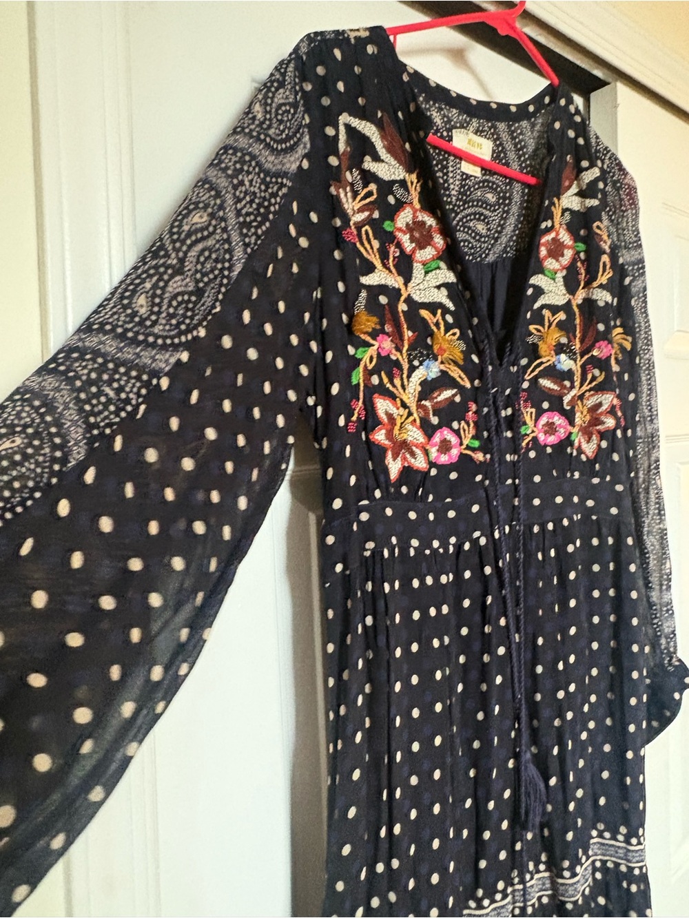 Maeve Navy Polka Dot Maxi Dress with Floral Embroidery